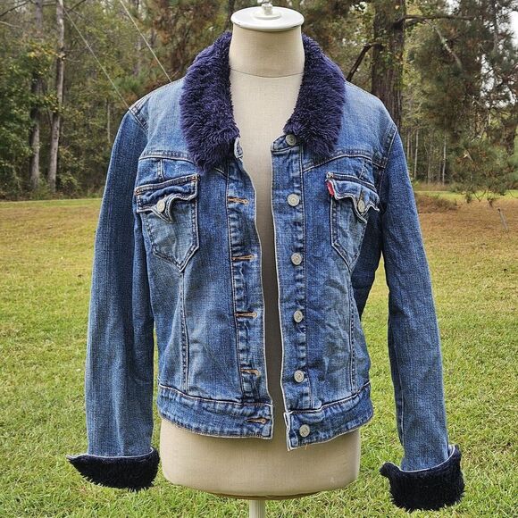 LEVI Strauss Women's Denim Fur Sherpa Bomber Blue Jean‎ Jacket Size M - Picture 1 of 15